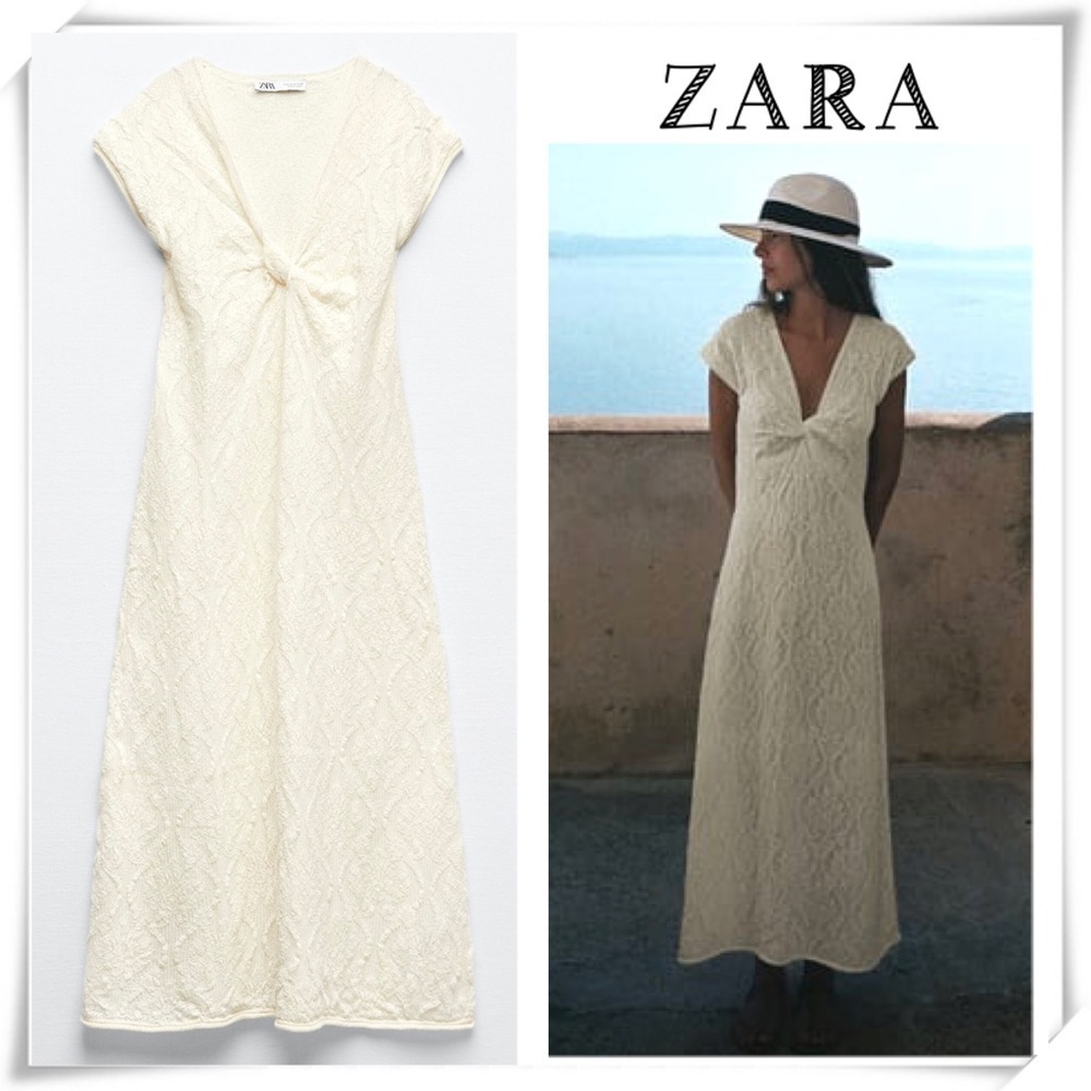 ZARA Knotted Jacquard Coastal Knit Midi Dress in Cream Size M New with Tags